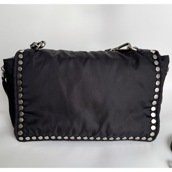 Prada Tessuto Etiquette Bag Nylon Leather Studded Crossbody Shoulder Flap - Picture 3 of 16